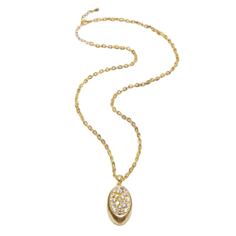 Iridescent crystal oval gold pendant necklace